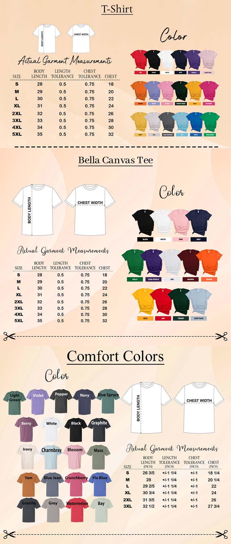 Puede incluir: Imagen que muestra opciones de color de camisetas y tablas de tallas. Incluye medidas en cm para la longitud del cuerpo, el ancho del pecho y el tama&ntilde;o del pecho. Opciones Bella Canvas Tee y Comfort Colors.