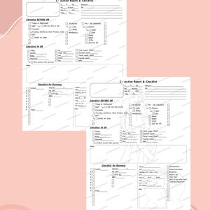 May include: Two C-section report and checklist forms with a pink background. The forms include sections for checklists before and during surgery, and for recovery. The forms have checkboxes and lines for writing.