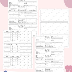 Può includere: Fogli di registro infermieristici bianchi e grigi con sezioni per i dettagli del parto, le informazioni sul bambino e i segni vitali. I fogli includono il testo "@CozyNurseDesigns" nell'angolo in basso a sinistra. Elementi decorativi rosa e viola sullo sfondo.