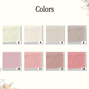 May include: The word "Colors" is displayed above eight fabric swatches in shades of cream, beige, and pink. Each swatch is numbered. The fabric has a textured appearance with a scalloped edge.