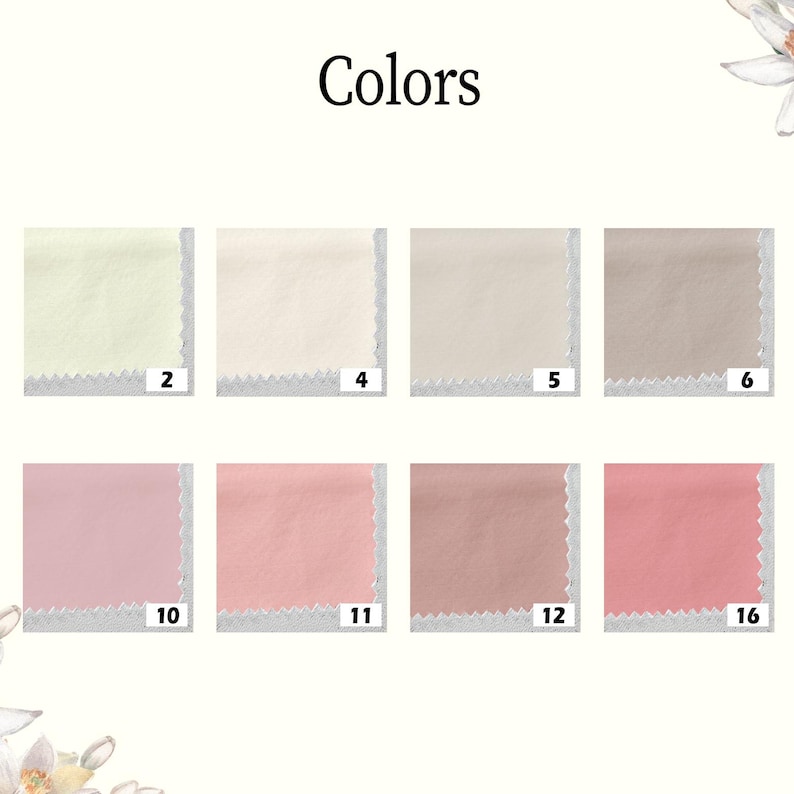 May include: The word "Colors" is displayed above eight fabric swatches in shades of cream, beige, and pink. Each swatch is numbered. The fabric has a textured appearance with a scalloped edge.