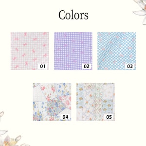 May include: An image titled "Colors" displays five fabric swatches. The swatches include gingham patterns in pink and white, purple, and blue, along with floral and patchwork designs. Each swatch is numbered for easy reference.