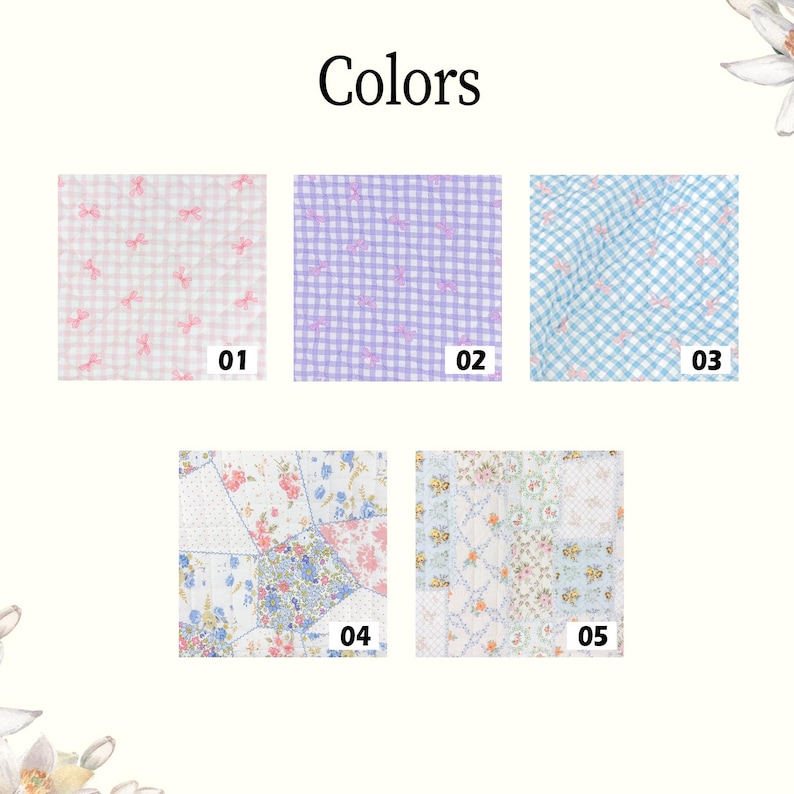 May include: An image titled "Colors" displays five fabric swatches. The swatches include gingham patterns in pink and white, purple, and blue, along with floral and patchwork designs. Each swatch is numbered for easy reference.
