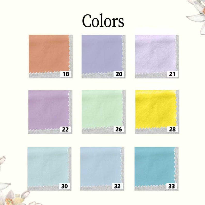 May include: Image displaying nine fabric swatches in various pastel colors, including peach, lavender, and mint green. Each swatch is square with a scalloped edge and a number indicating the color code. The word "Colors" is at the top.