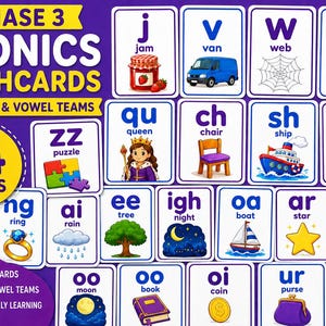 May include: A set of 24 Phase 3 Phonics flashcards featuring digraphs and vowel teams. Each white card displays blue text, a corresponding word, and a colorful illustration, such as a jam jar, van, web, box, puzzle, queen, chair, ship, thumb, ring, rain, tree, night, boat, star, corn, moon, book, coin, purse, and owl.
