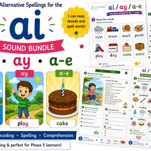 May include: Educational phonics bundle for Phase 5 learners. Includes colorful worksheets with illustrations of a sailboat, a child playing, and a cake. Features reading, decoding, spelling, and comprehension activities. The text includes "ai", "ay", and "a-e" sound spellings.