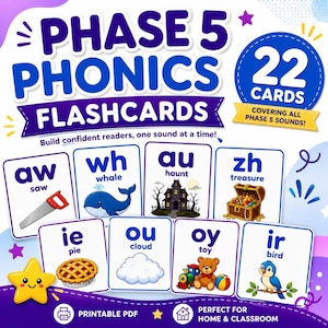 May include: A set of 22 Phase 5 Phonics flashcards featuring educational illustrations and text. Each card displays a specific sound, such as aw, wh, au, zh, ie, ou, oy, and ir, accompanied by corresponding images like a saw, whale, haunted house, treasure chest, pie, cloud, toy, and bird.