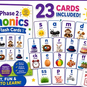 Puede incluir: Un juego de 23 tarjetas didácticas de fonética para la lectura temprana. Cada tarjeta presenta una letra y una imagen correspondiente, como un sol, una hormiga, un mono y un perro. El set incluye una caja con "Phase 2 Phonics Flash Cards".