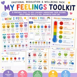 May include: A colourful printable toolkit for emotional regulation and wellbeing. The toolkit includes nine tools to help children understand their feelings, build coping skills, and feel supported. The design is child-friendly and includes a feelings thermometer and calm corner cards.