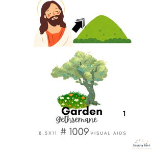Puede incluir: Ilustración colorida que representa a Jesús con un halo, señalando una colina verde. Debajo, se muestra un árbol con hojas verdes y un macizo de flores. Se muestra el texto "Garden gethsemane".