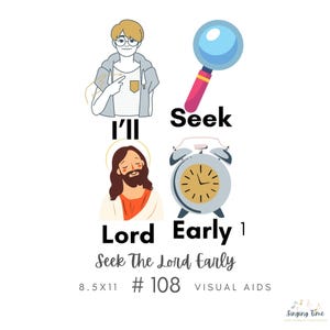 Könnte beinhalten: Ein Grafikdesign mit einer Person, die auf ihre Brust zeigt, einer Lupe, einer Figur mit Heiligenschein und einem Wecker. Der Text umfasst I'll Seek Lord Early, Seek The Lord Early, 8.5x11, # 108 und VISUAL AIDS. Die Farben sind Blau, Rot, Gelb und Grau.