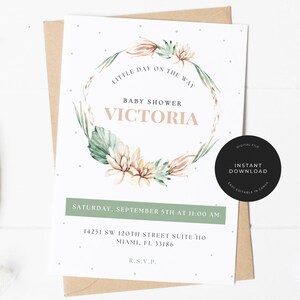 Invito per baby shower Boho modificabile / Modello Boho Greenery Canva / Biglietto per baby shower neutro / Download digitale