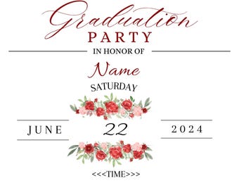 Elegante, floral, rosas rojas, invitación de graduación, diseño digital, diseño editable.