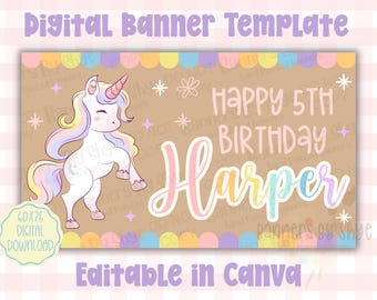 Magical Rainbow Unicorn Birthday Template - Party Banner Decor - Cavna Editable Digital Download (60x35)