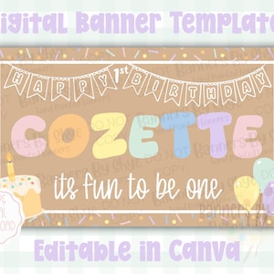 Sjabloon voor spandoek 1e verjaardag - It's Fun to Be ONE - bewerkbare digitale Canva-download (60 x 35)