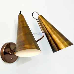 Clemente Double Cone Wall Sconce , Mid - Century Modern Brass Light Fixture, Adjustable Antique Wall Lamp, Vintage Style, Bedroom, Hallway