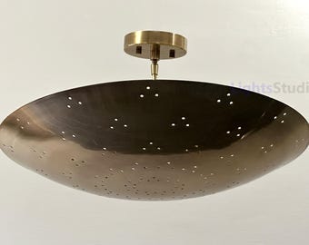 Modern Brass Dome Light Fixture – Perforated Flush Mount Ceiling Light – Mid Century Inspired Sputnik Style Chandelier