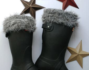 Fleece Rain Boot Liners with Gray sock , Soft fur topper, Socks boot cuff, Boot Topper, Boot Accessory,Sz Sm/Med 6-8 or Med/Lg 9-11