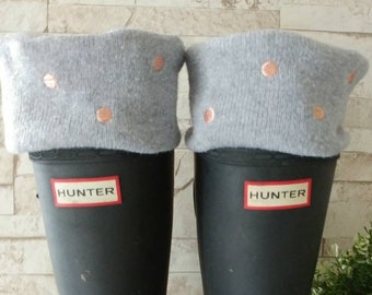 Hunter Boots,  Polka Dot Cuff, fleece cream sock, Upcycle,Rain Bootsocks, Tall or Short Rain Boots, Boot Cuffs,Socks,Size sm/med or Lrg/Xlg