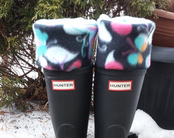 Boot Liners, Black, Turquoise Butterfly print cuff,turquoise fleece sock, Accessories, Boot Cuff, Boot Socks, Fashion boots