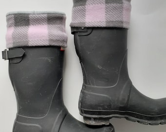 Fleece RAIN BOOT LINERS, Pink & Gray check with gray Sock, Winter Fashion, Cold Weather, Outdoors, Boot Socks