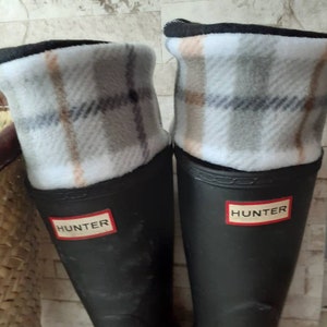 White plaid  Cuff with Black Sock. Fleece Rain Boot Liners, Tall Boots, Boot Accessories - Size Small/Medium