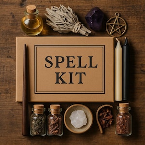 Może przedstawiać: Brązowe pudełko z napisem "SPELL KIT" otoczone różnymi przedmiotami. Zawiera butelkę oleju, pęczek szałwii, ametyst, wisiorek z pentagramem, świece, słoiczki z ziołami, miseczkę z kryształami, drewnianą łyżkę i drewnianą różdżkę. Przedmioty leżą na drewnianej powierzchni.