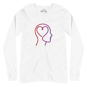 May include: White long-sleeve shirt featuring a minimalist design of a head with a heart-shaped brain. The graphic is a gradient of red to purple. The shirt has the text "Unfolded Presence" in the upper center.