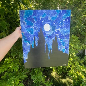 Hogwarts-silhuettmålning, akvarell och akryl natthimmel, väggkonst på canvas 20x24, magisk slottsdekor, handmålad trollkarlskonst