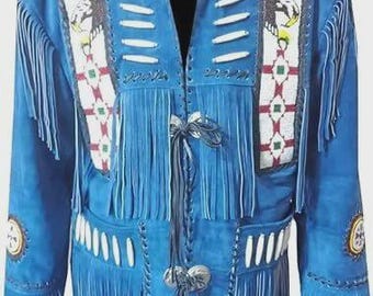 Jaqueta Western Masculina de Camurça com Franjas e Miçangas, Estilo Nativo Americano, Feita à Mão