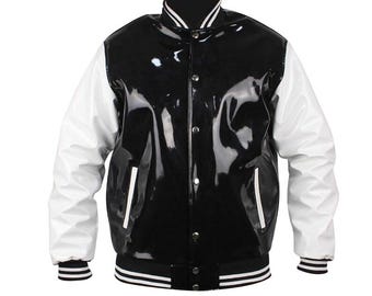 Jaqueta Varsity Masculina Feita à Mão: Bomber Impermeável em PVC Preto e Branco