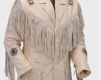 Jaqueta de couro legítimo masculina feita à mão com franjas ocidentais e contas/estilo cowboy nativo americano com contas