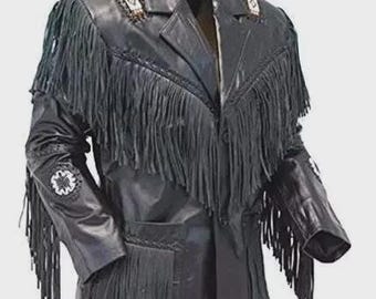 Jaqueta masculina estilo cowboy ocidental com franjas, contas, estilo nativo americano, casaco de couro feito à mão