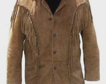 Jaqueta Western Masculina de Camurça com Franjas – Casaco de Rodeio Cowboy Feito à Mão