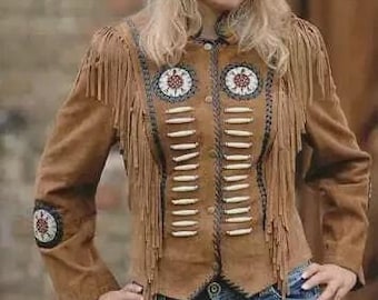 Jaqueta feminina de couro de camurça estilo cowgirl ocidental, estilo indígena americano, marrom, com franjas e miçangas, feita à mão