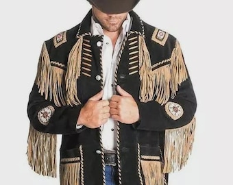 Jaqueta Western de Camurça Feita à Mão: Casaco Masculino Vintage de Rodeio com Franjas