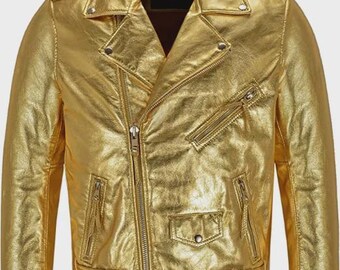 Jaqueta de couro legítimo masculina estilo motociclista, vintage, envelhecida, dourada, Brando Marlon, feita à mão