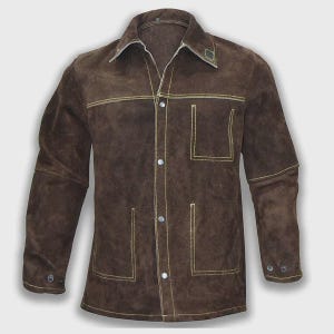 May include: Brown suede jacket with a button-up front, two chest pockets, and two lower pockets. The jacket features yellow stitching and a collar. The sleeves have buttoned cuffs. A classic workwear style.