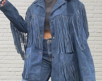 Jaqueta feminina estilo western em camurça azul feita à mão com franjas.
