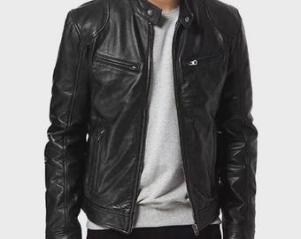 Jaqueta de couro masculina estilo motociclista Cafe Racer / pele de carneiro macia preta e marrom estilo vintage para motociclistas