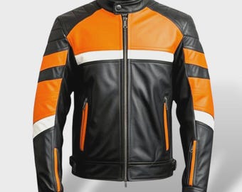 Jaqueta masculina de couro bicolor para motociclista, modelo slim fit.