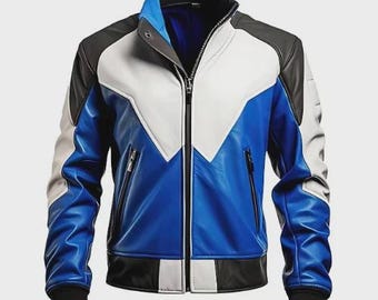Jaqueta de couro masculina azul e branca | Casaco estilo motociclista retrô | Jaqueta de motociclista vintage