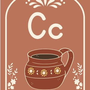 May include: A brown illustration featuring the letter "C" and a coffee cup with the word "Caf&eacute;" at the bottom. The cup has a handle and is decorated with yellow flower designs. The background is a solid brown color.