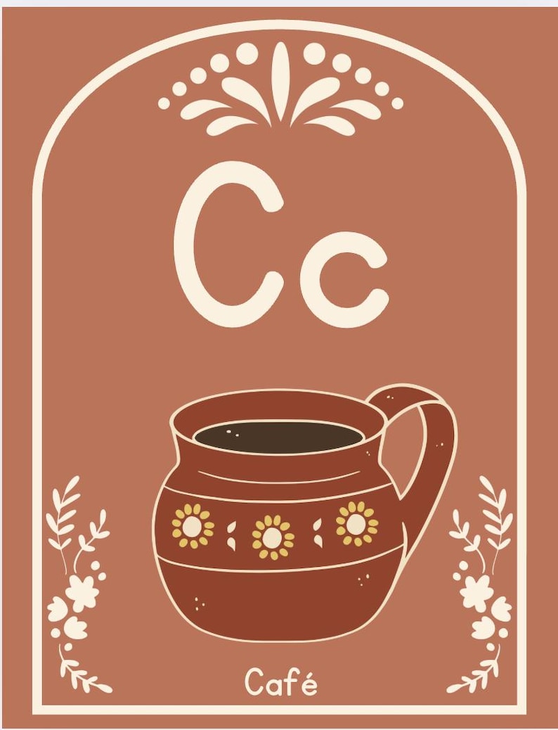 May include: A brown illustration featuring the letter "C" and a coffee cup with the word "Caf&eacute;" at the bottom. The cup has a handle and is decorated with yellow flower designs. The background is a solid brown color.
