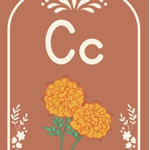May include: A decorative card featuring the letter "Cc" in white, above two orange marigold flowers with green stems. The word "Cempas&uacute;chil" is written in white at the bottom. The background is a warm brown with white floral accents.