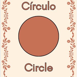May include: A flashcard with a terracotta-colored circle in the center, labeled "C&iacute;rculo" above and "Circle" below. The card has a cream background and a decorative floral border in a darker terracotta shade.
