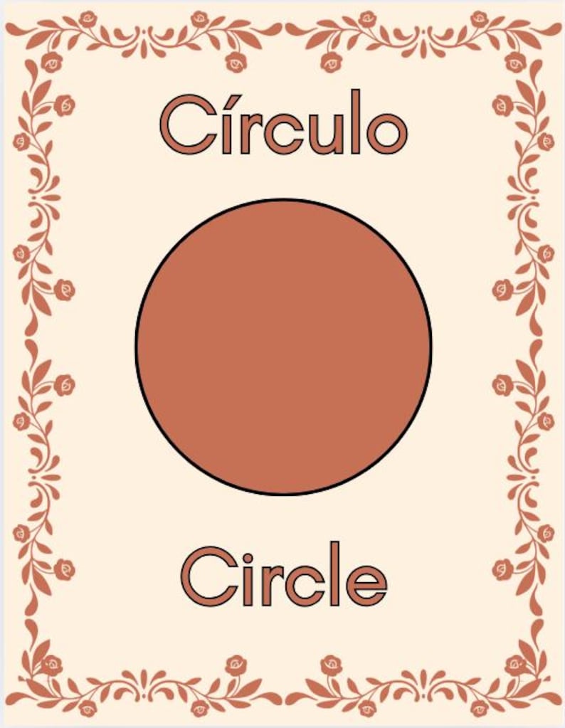 May include: A flashcard with a terracotta-colored circle in the center, labeled "C&iacute;rculo" above and "Circle" below. The card has a cream background and a decorative floral border in a darker terracotta shade.