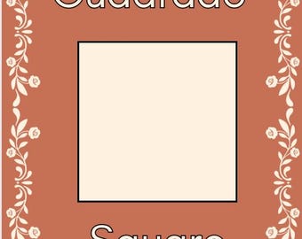 Op de afbeelding: Een crèmekleurige vierkante vorm met het woord "Cuadrado" erboven en het woord "Square" eronder. De achtergrond is terracotta met een witte bloemenrand. Educatief materiaal voor het leren van vormen.
