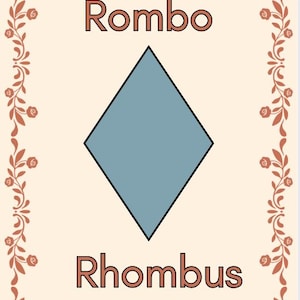 May include: A card featuring a light blue rhombus shape with black outlines, labeled "Rombo" at the top and "Rhombus" at the bottom. The card has a cream background and a decorative floral border in shades of brown.
