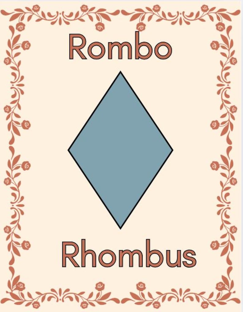 May include: A card featuring a light blue rhombus shape with black outlines, labeled "Rombo" at the top and "Rhombus" at the bottom. The card has a cream background and a decorative floral border in shades of brown.